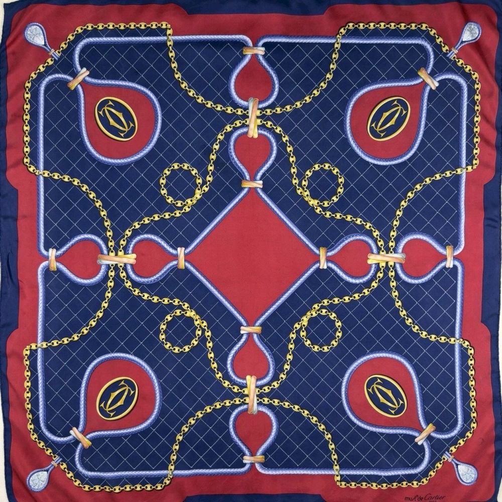 Cartier Navy Blue and Red Silk Scarf with Gold Chain Motif - Picture 1 of 1